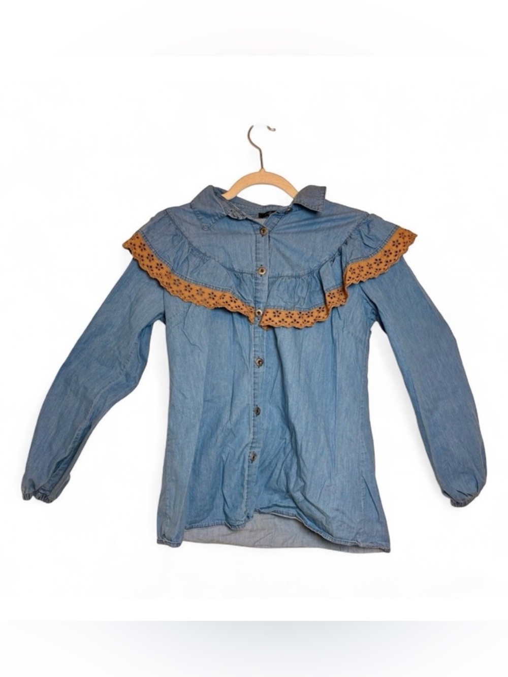 MaYmaRay Blue Chambray Ruffle Yoke Eyelet Collar Boho Praire Blouse Medium
